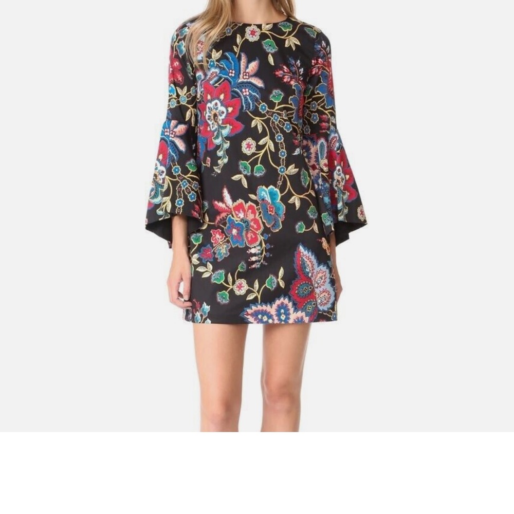 Alice + Olivia Size 6 Black Floral Thym Tapestry Mini Dress Trumpet Sleeve EUC